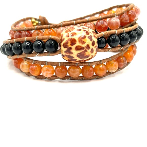 HAND CRAFTED Safari Red Fire Agate and Black Onyx Wrap Bracelet - Picture 3 of 7